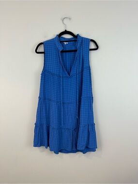 En Creme Sleeveless Tiered Blue V-Neck Tunic Dress Checkered Textured Medium